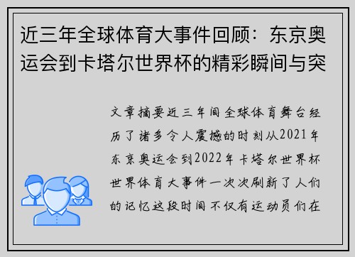 近三年全球体育大事件回顾：东京奥运会到卡塔尔世界杯的精彩瞬间与突破